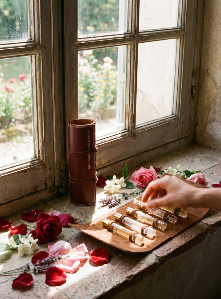 Elyamor Alchemist’s Love Potion custom perfume kit with glass vials on a leather roll near a vintage window with flowers and rose petals