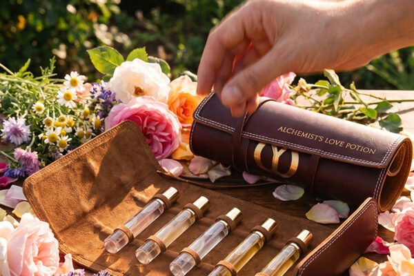 Hand opening a leather perfume kit with glass fragrance vials placed among blooming flowers and scattered petals outdoors