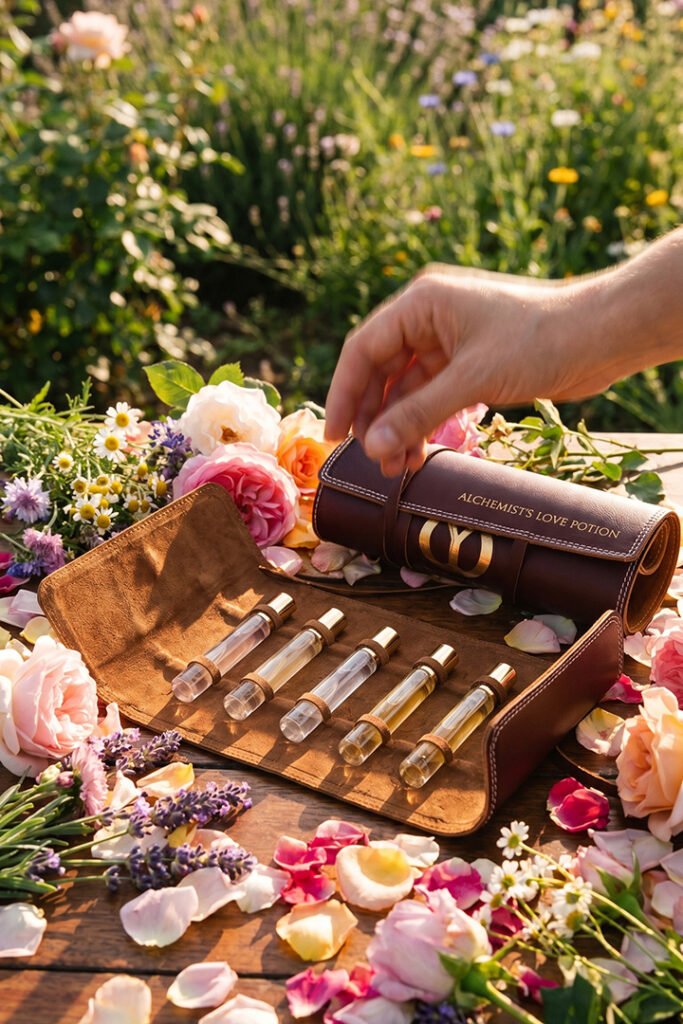 Hand opening a leather perfume kit with glass fragrance vials placed among blooming flowers and scattered petals outdoors