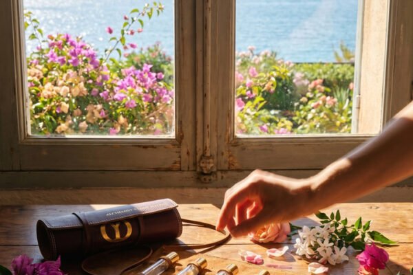 Luxury perfume kit with glass vials on a leather case near a sunlit window overlooking the sea, surrounded by rose petals and flowers, hand selecting a fragrance oil