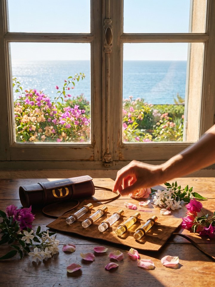 Luxury perfume kit with glass vials on a leather case near a sunlit window overlooking the sea, surrounded by rose petals and flowers, hand selecting a fragrance oil